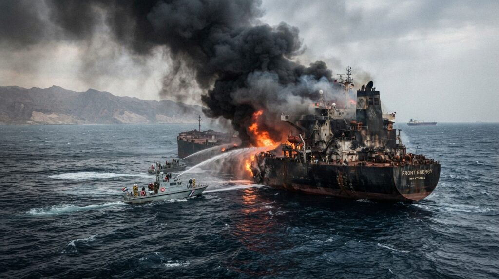 Oil tanker hits a mine and catches fire in the Strait of Hormuz: Severe fire breaks out