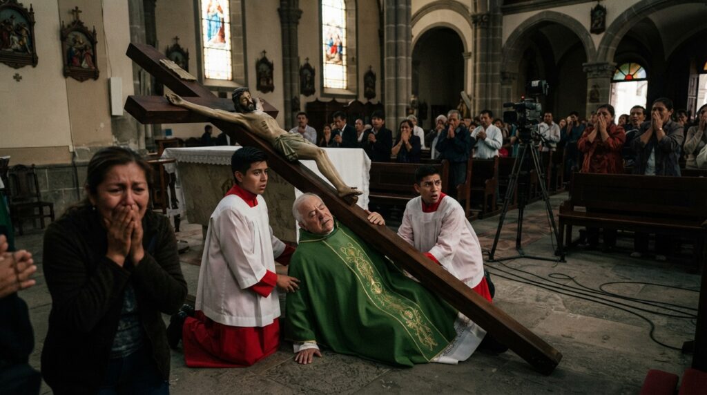 Shocking moments in Ecuador: A giant cross fell on a priest during a live broadcast