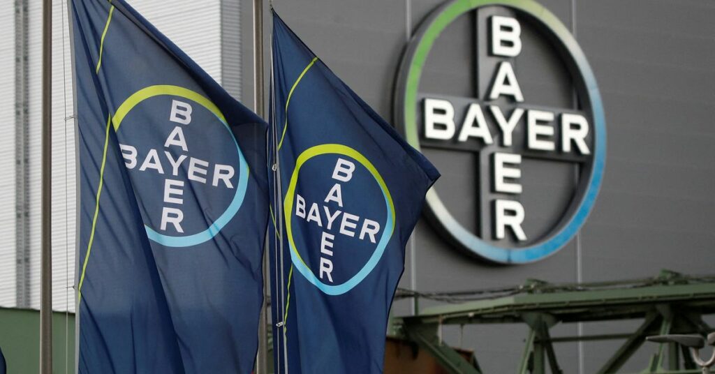 Logo and flags of Bayer AG are pictured outside a plant of the German pharmaceutical and chemical maker in Wuppertal